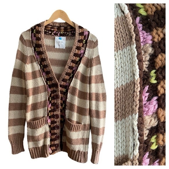Anthropologie Sweaters - Anthropologie Sparrow Tan Stripe Hopi Basketweave Knit Cardigan Sweater Small